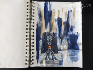 Blue and gold painted background with a collage of a bridge and train tracks