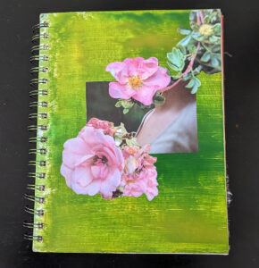 Cover of art journal - dark green background with two pink flowers
