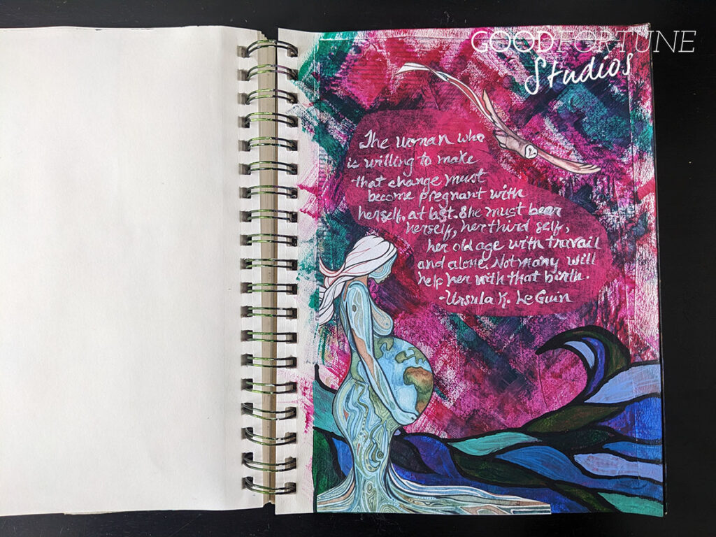 Mixed media collage with Ursula K. LeGuin quote