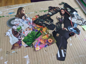 Collage elements from magazines and catalogs on a brown cardboard background