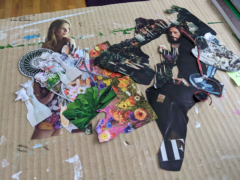 Collage elements from magazines and catalogs on a brown  cardboard background